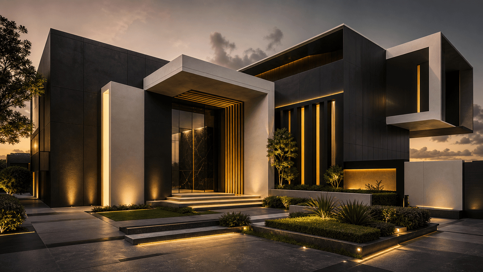 Modern graphite and yellow architectural facade with luxury exterior lighting