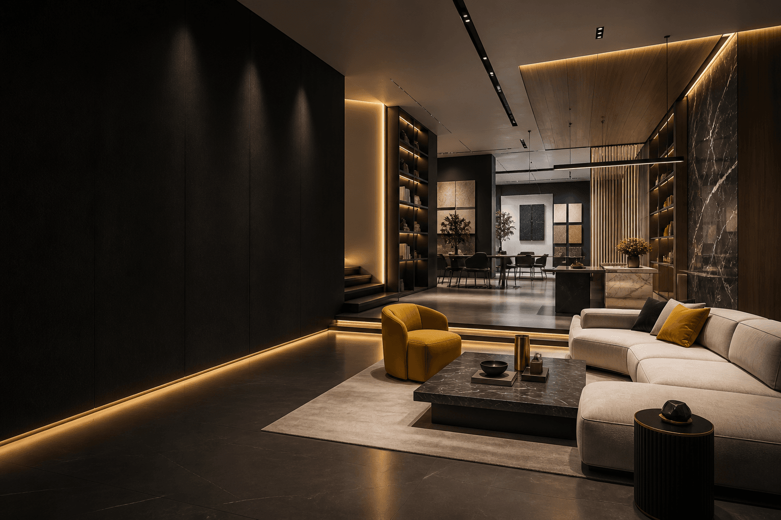 Futuristic premium interior studio with layered architecture and custom furniture